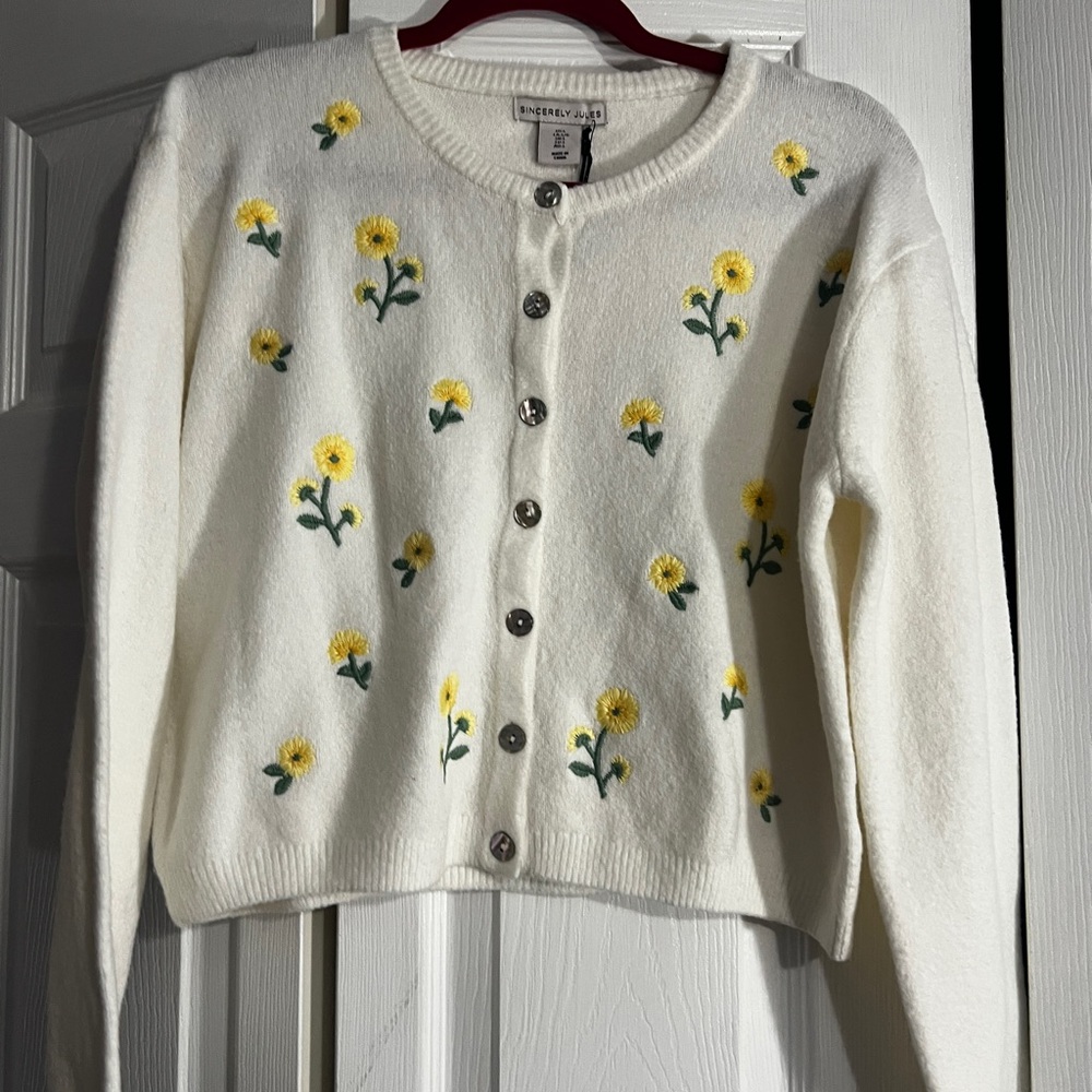 Sincerly Jules Cream Cardigan with Yellow Floral Embroidery